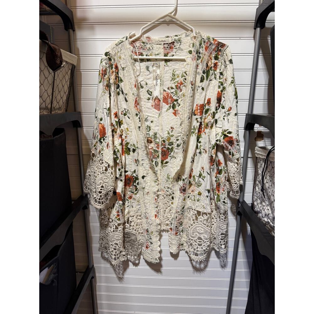 NWT Solitaire by Ravi Khosla Floral & Crochet Open Cardigan/Kimono Size 2X